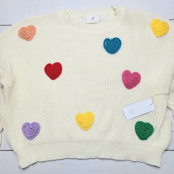 Luna Ivy Viral 3D Heart Sweater Open Weave Lightweight Cream Rainbow Crew Medium - Picture 4 of 8